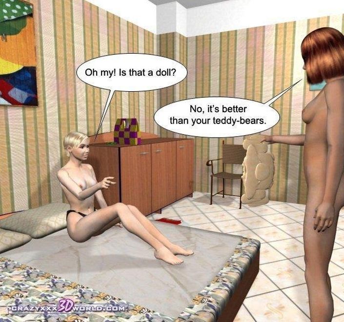 Девушки лесбиянки на 3D порно фото обкатывают хуй надувного резинового мужика из секс шопа пока не протрут дырку